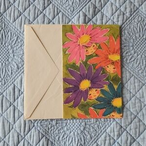 Vintage Unused Birthday Card, Size 4"×6.5" Floral With Faces